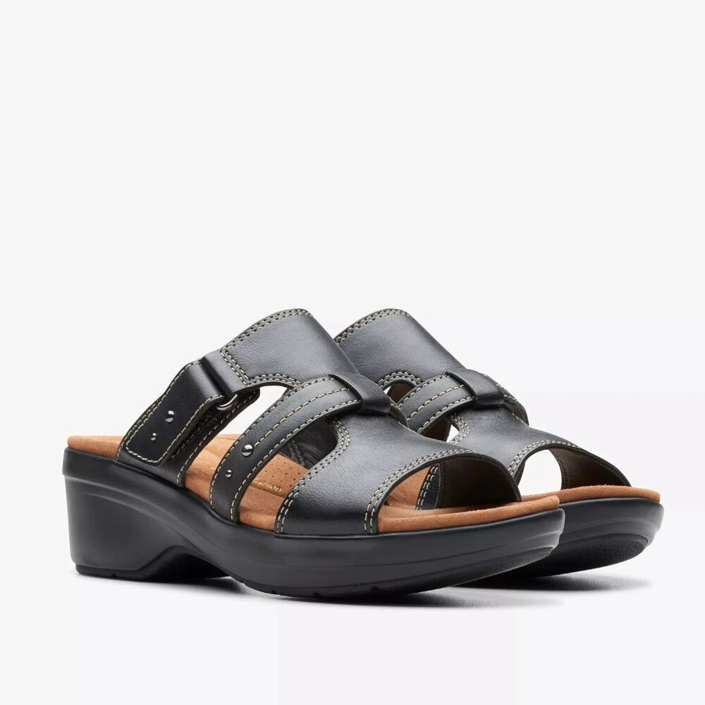 CLARKS Tuleah Jane Heel Slide Sandal Black Leather 11 Wide